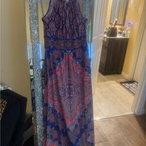 Elegant Blue and Red Paisley Maxi Dress